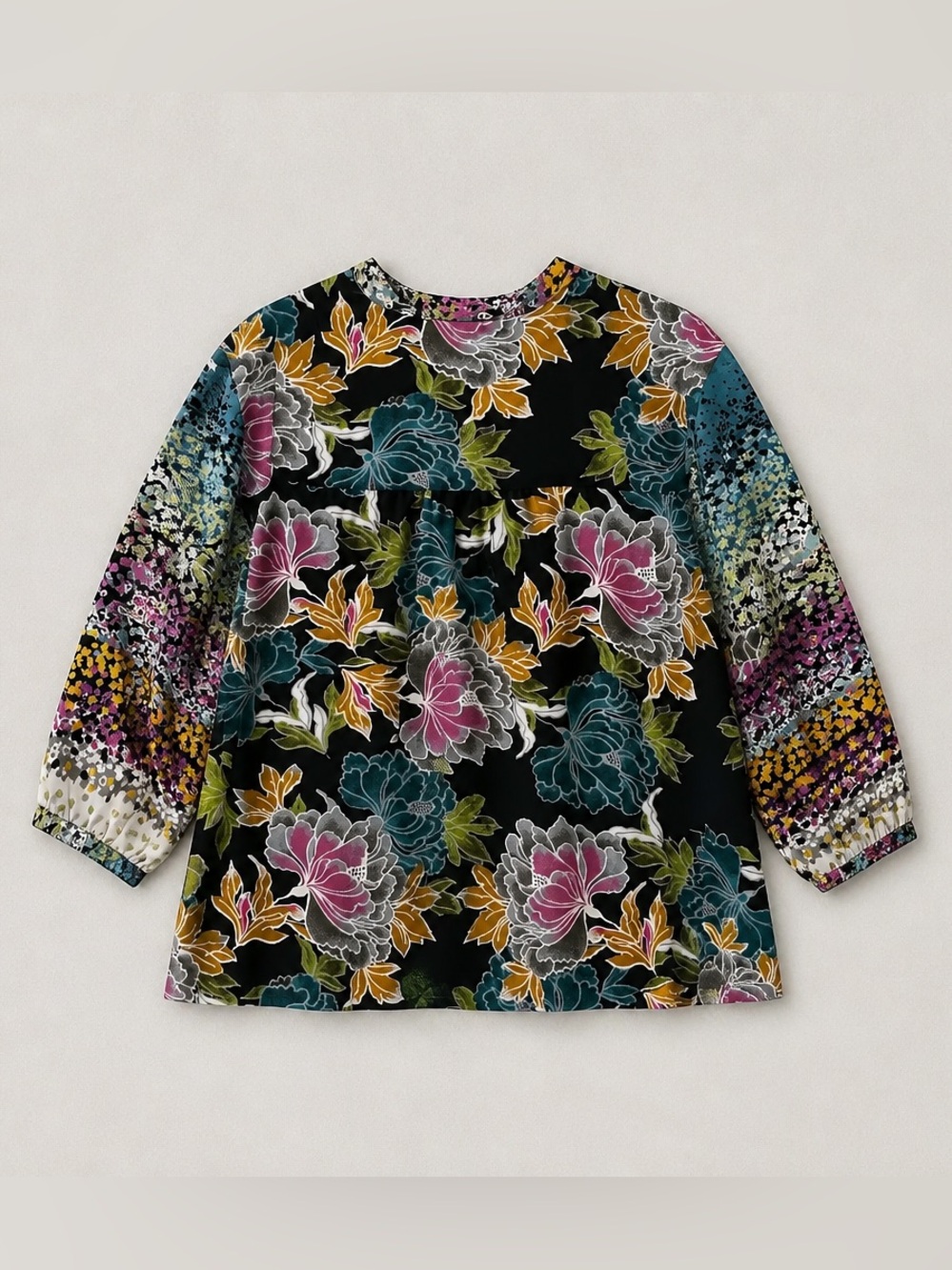 Ulla Popken Floral Long-Sleeve Top - Black Multicolor